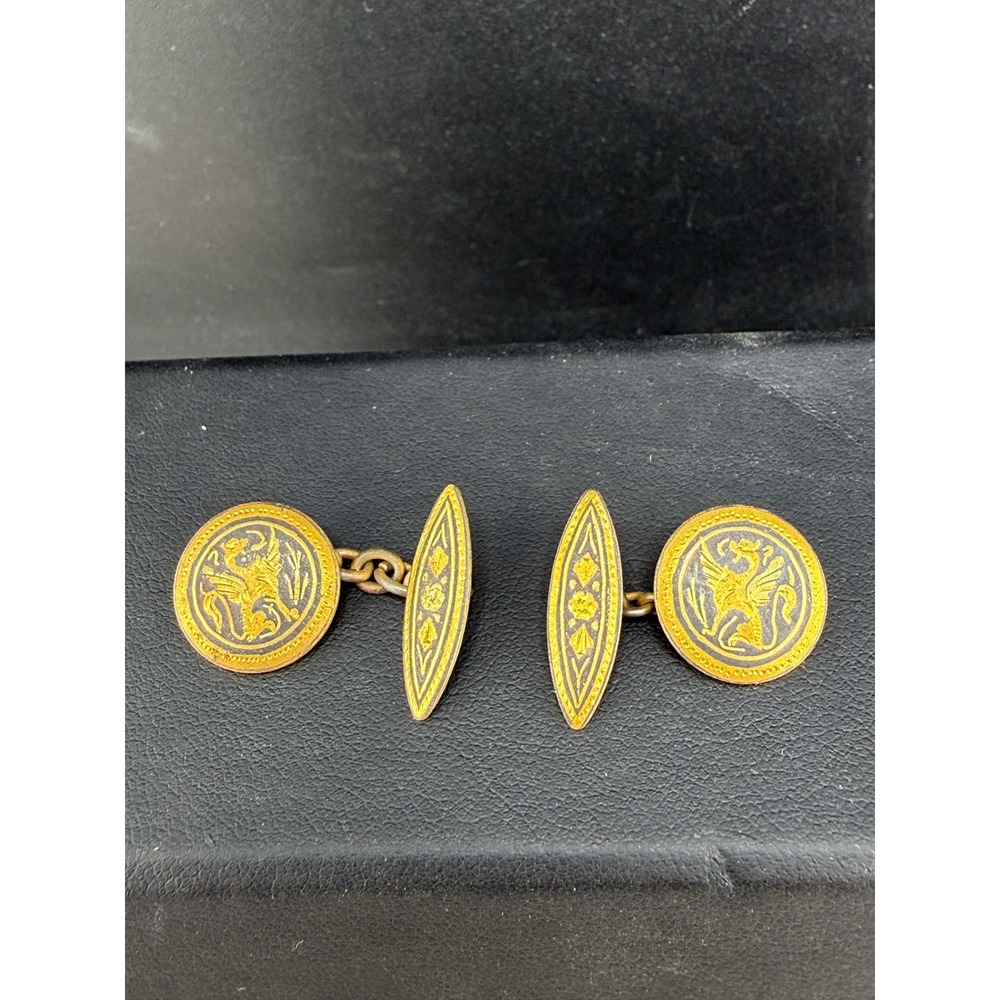 Vintage Damascene Cufflinks Gold Black Griffin Mythical Creature Heraldic READ